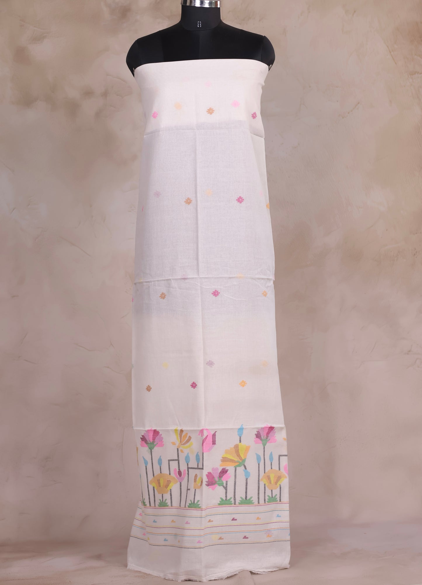 White Handwoven Jamdhani weaving pure Malai cotton 2 piece suit sets | Looms & Tassels