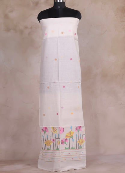 White Handwoven Jamdhani weaving pure Malai cotton 2 piece suit sets | Looms & Tassels