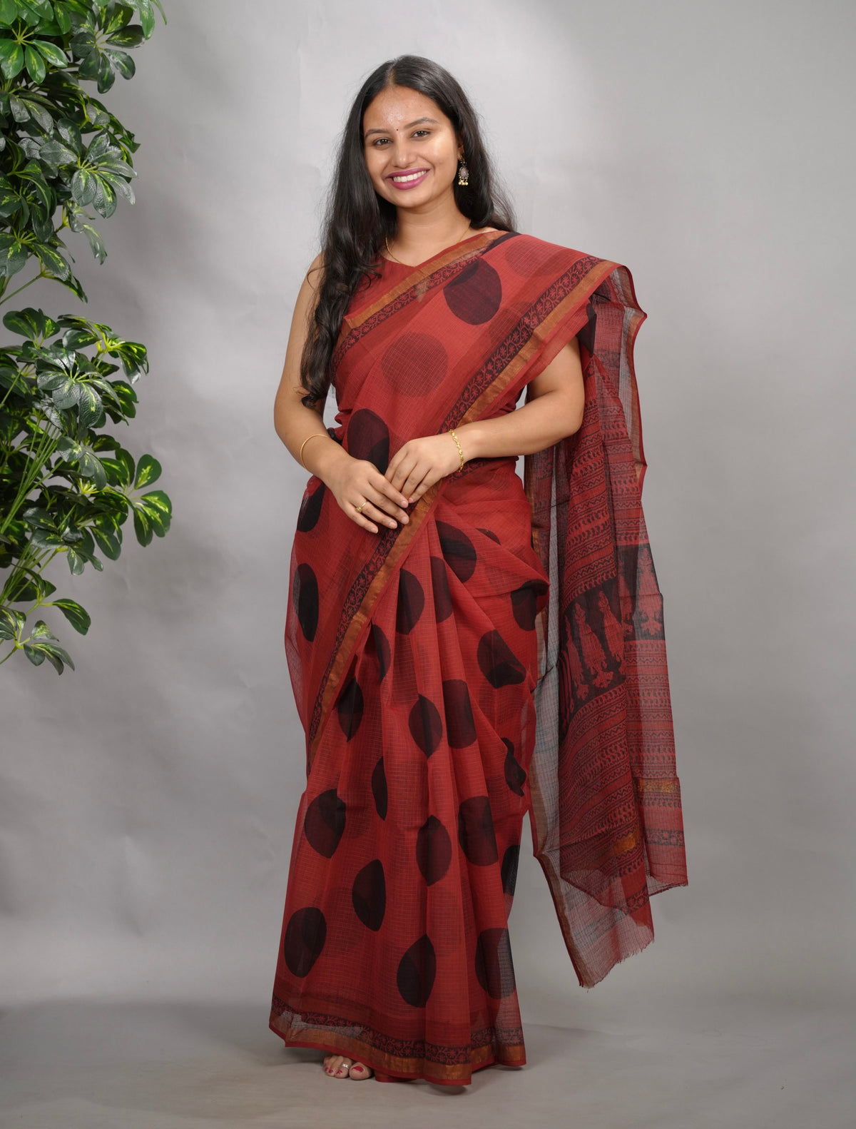 Rust Red Pure Kota Doria Saree with Bagru Handblock Prints
