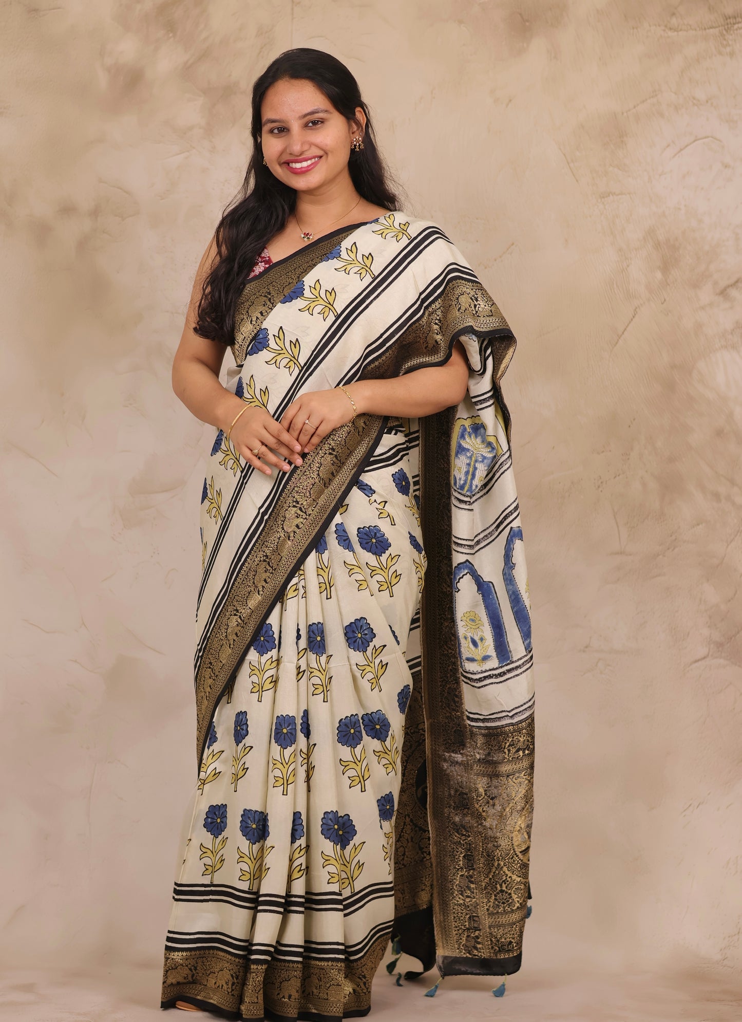 Off White Floral Ajrakh Handblock printed Dola Silk Saree | Looms & Tassels