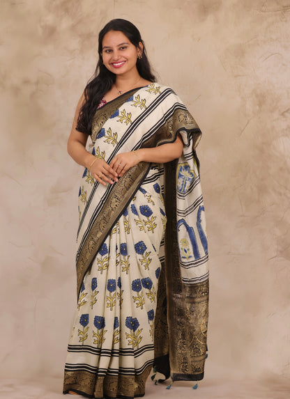 Off White Floral Ajrakh Handblock printed Dola Silk Saree | Looms & Tassels