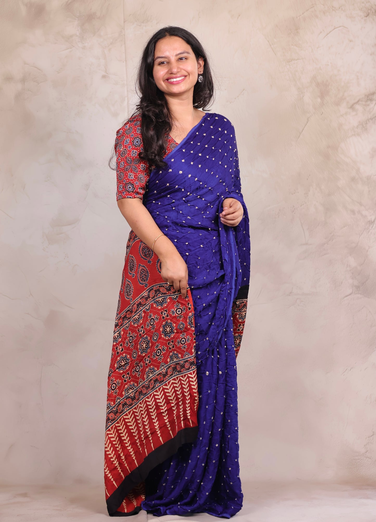 Royal Blue Hand Knotted Bandhej Modal Silk Saree with Ajrakh Pallu | Looms & Tassels