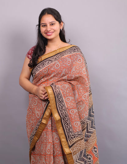 Orange Bagru Hand Block Printed Maheswari Silk Cotton Saree