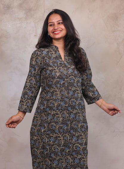 Grey Ajrakh Hand Block Printed Kurti | Looms & Tassels