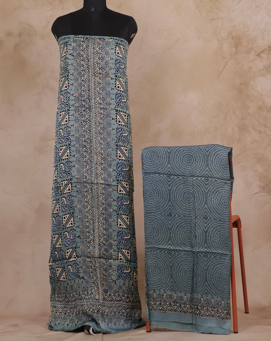 Sky Blue Ajrakh Hand Block Printed Natural Dyed Modal Silk 2 Piece Suit Set | Looms & Tassels