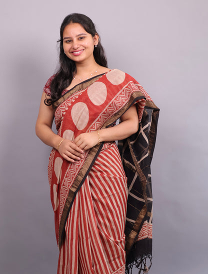 Red Bagru Hand Block Printed Maheswari Silk Cotton Saree