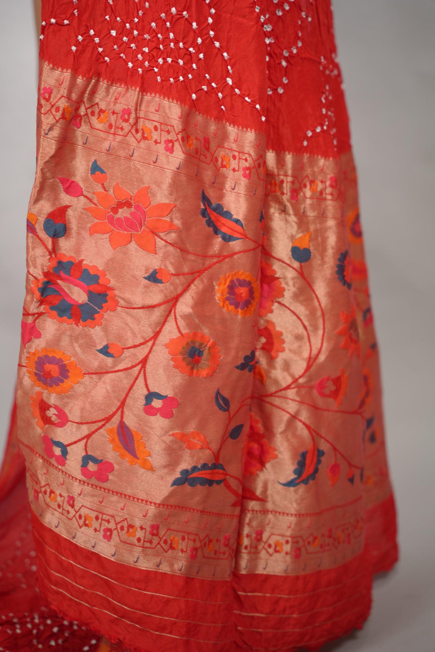 Red Handcrafted Pattern Bandhani Paithani Dola Silk Saree | Looms & Tassels