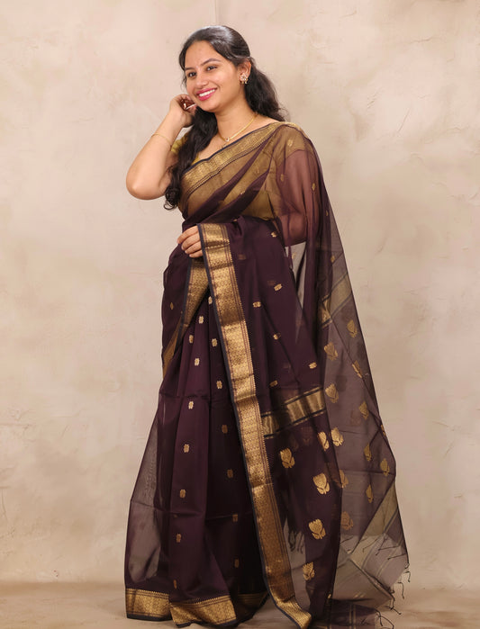 Chocolate Brown Handloom Maheswari Silk Cotton Sarees | Looms & Tassels