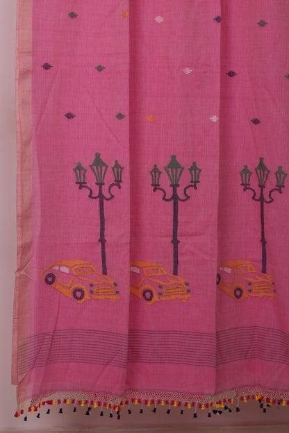 Pink Pure Handwoven Jamdhani Malai Cotton Saree