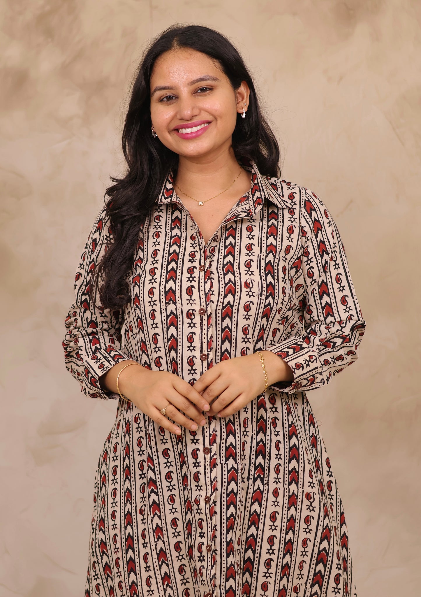 Cream Hand Block Printed Pure Mul Cotton A-Line Shirt Dress | Looms & Tassels
