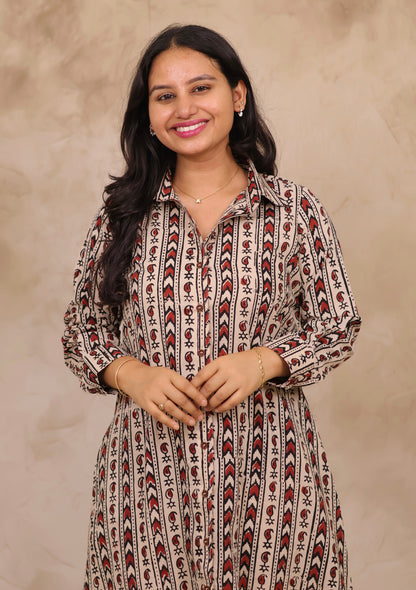 Cream Hand Block Printed Pure Mul Cotton A-Line Shirt Dress | Looms & Tassels