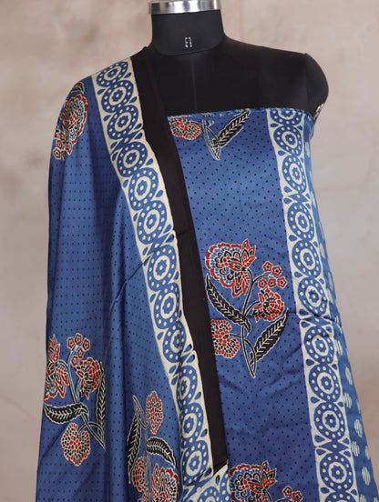 Indigo Ajrakh Handblock Printed Modal Silk 2 Piece Suit Set | Looms & Tassels