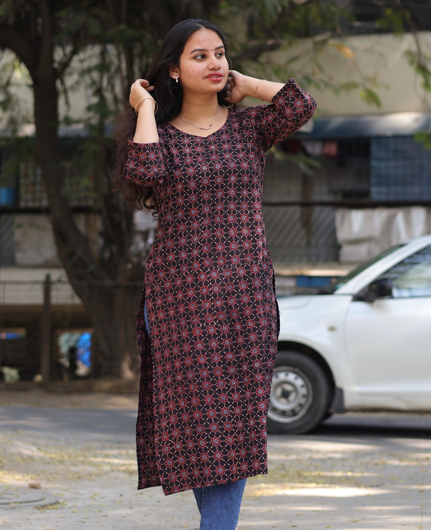Black & Maroon Ajrakh Hand Block Printed Kurti