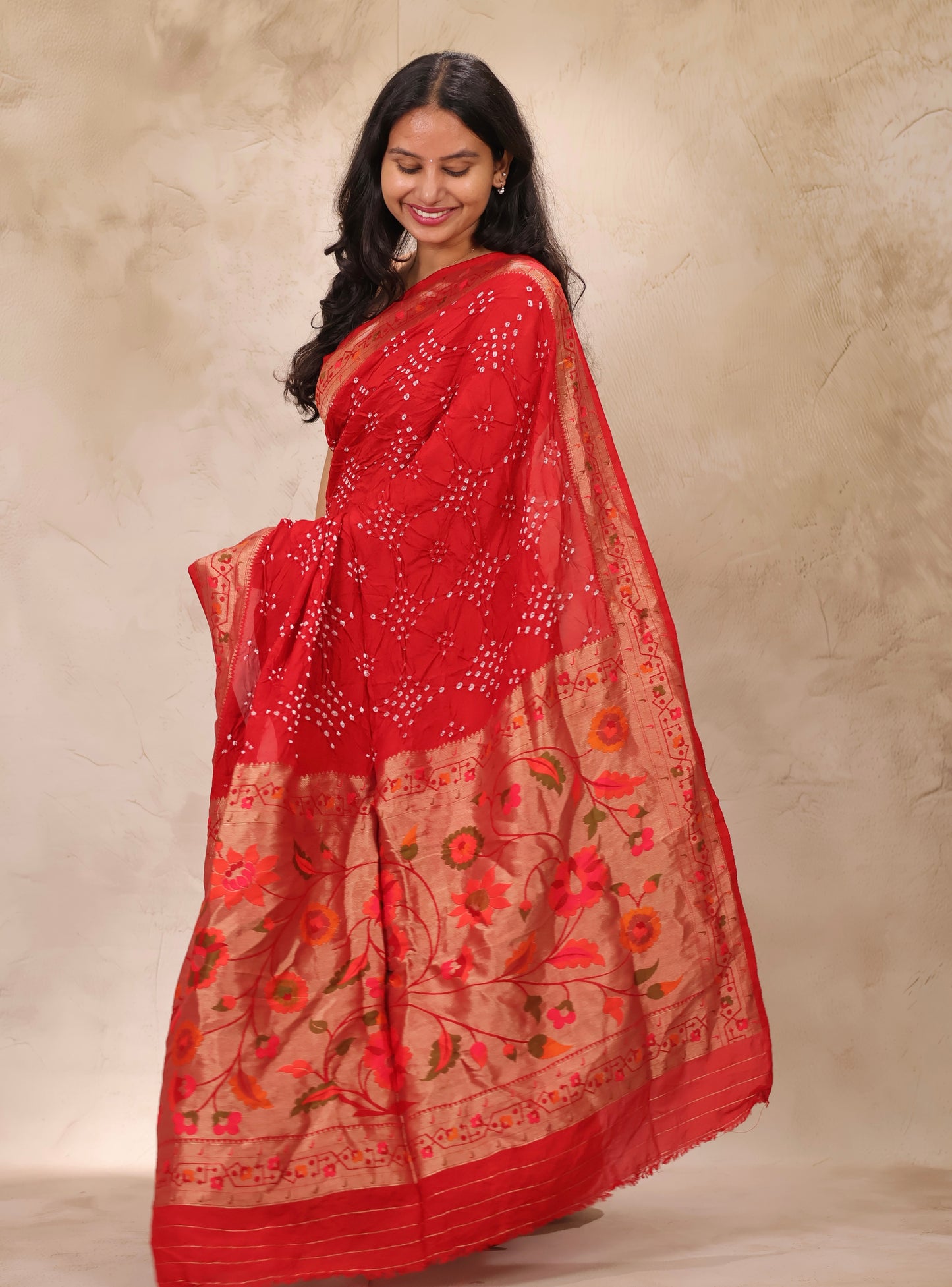 Red Handcrafted Pattern Bandhani Paithani Dola Silk Saree | Looms & Tassels