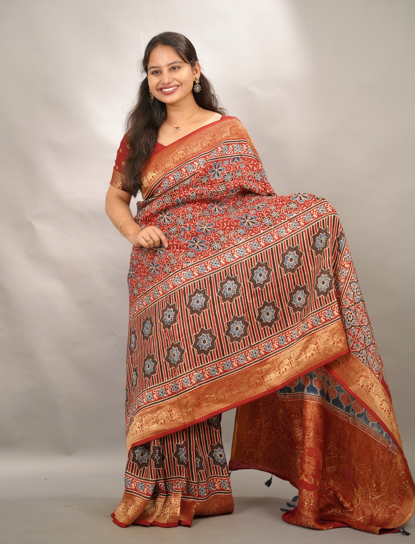Red Ajrakh Handblock printed Dola Silk Saree | Looms & Tassels