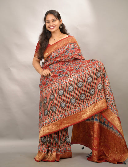 Red Ajrakh Handblock printed Dola Silk Saree | Looms & Tassels