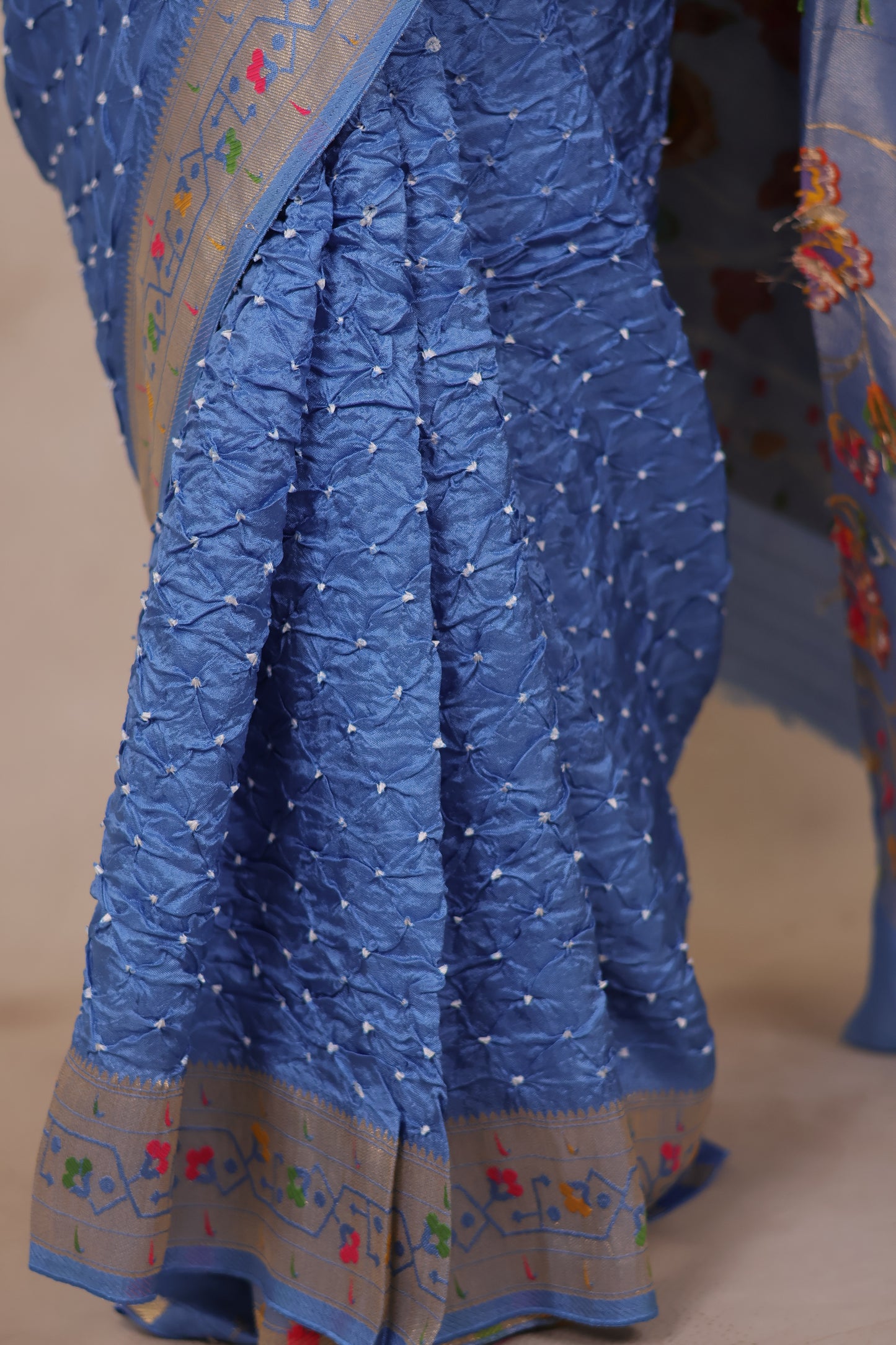 Pastel Handcrafted Bandhani Paithani Dola Silk Saree | Looms & Tassels