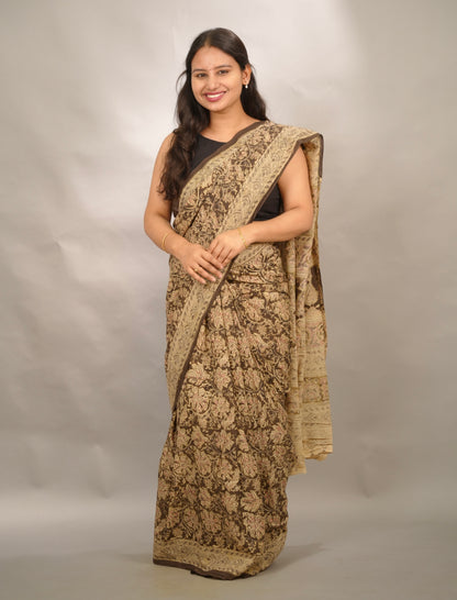 Mehendi Green Hand Block Printed Kalamkari Cotton Saree | Looms & Tassels
