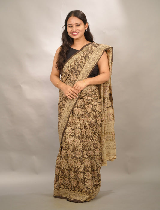 Mehendi Green Hand Block Printed Kalamkari Cotton Saree | Looms & Tassels