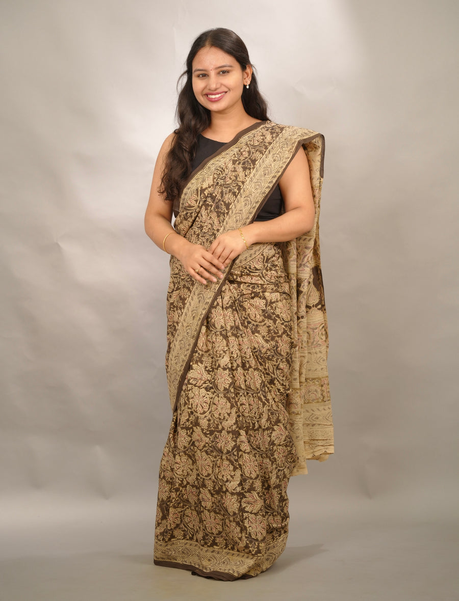 Mehendi Green Hand Block Printed Kalamkari Cotton Saree | Looms & Tassels
