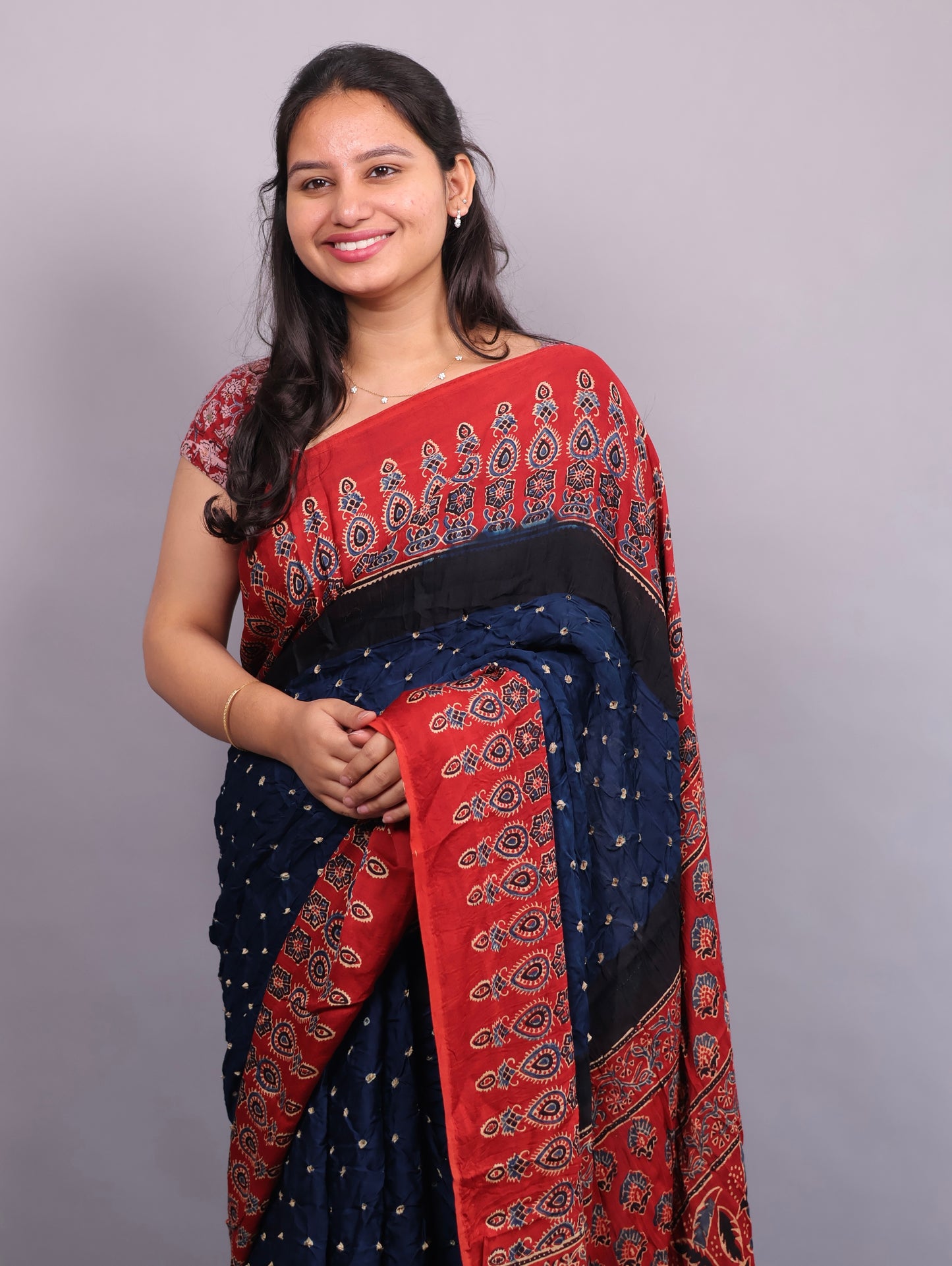 Cyan Blue Hand Knotted Ajrakh Bandhej Modal Silk Saree | Looms & Tassels