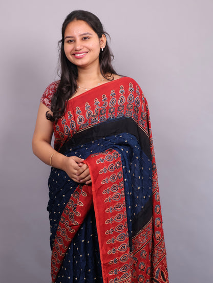 Cyan Blue Hand Knotted Ajrakh Bandhej Modal Silk Saree | Looms & Tassels