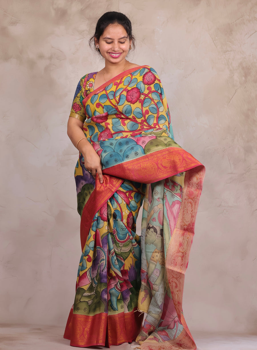 Hand Drawn Pen Kalamkari Yellow And Red's pink Bangalore Silk Kanchi Border Saree | Looms & Tassels