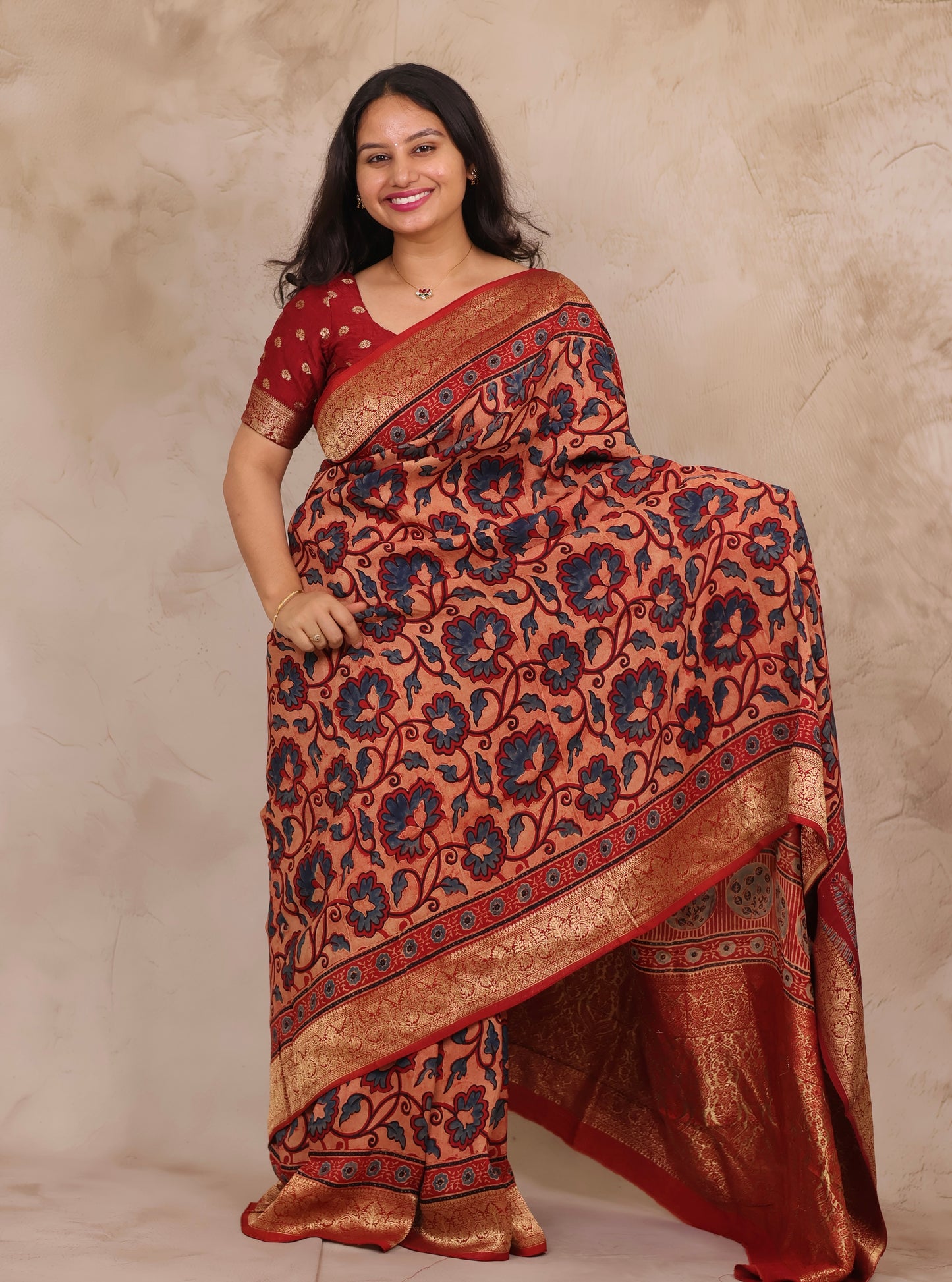 Onion Pink & Blue Ajrakh Handblock printed Dola Silk Saree | Looms & Tassels