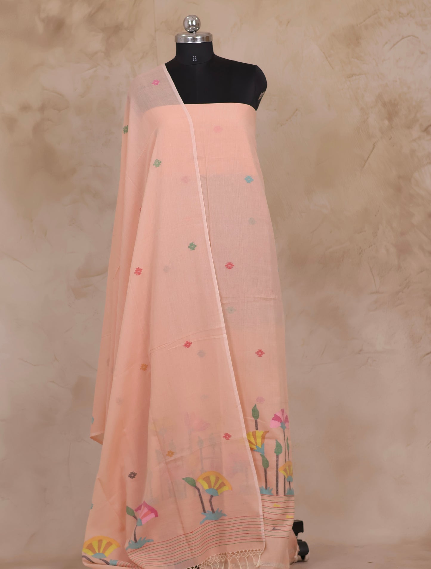 Peach Handwoven Jamdhani weaving pure Malai cotton 2 piece suit sets | Looms & Tassels