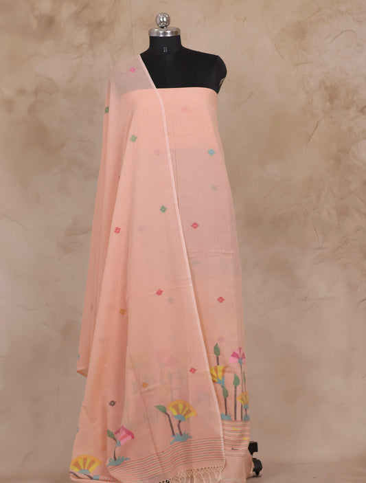 Peach Handwoven Jamdhani weaving pure Malai cotton 2 piece suit sets | Looms & Tassels