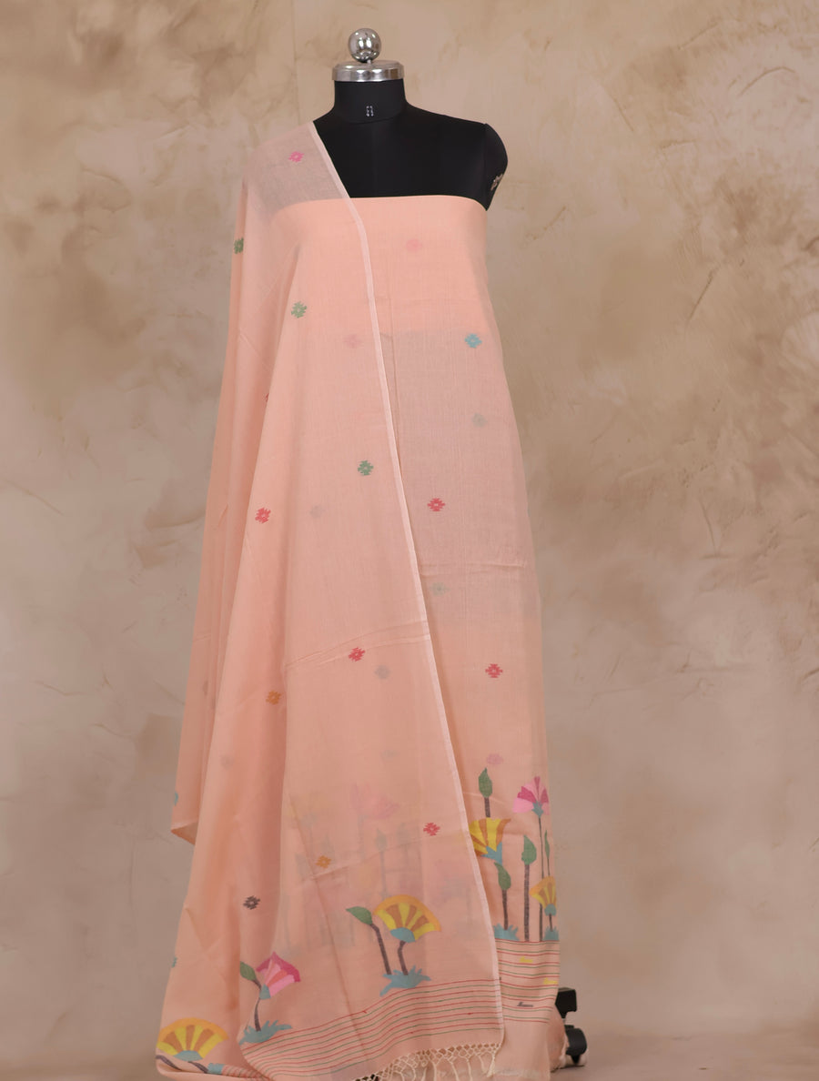 Peach Handwoven Jamdhani weaving pure Malai cotton 2 piece suit sets | Looms & Tassels