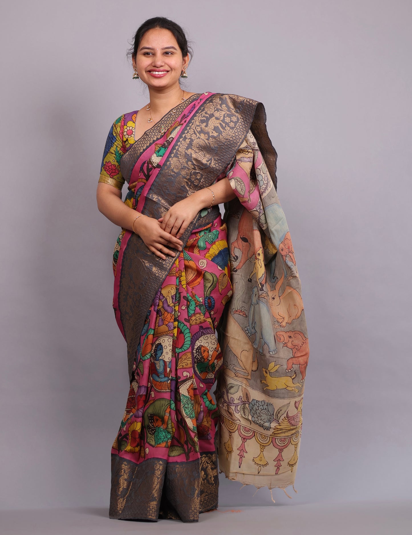 Pink Hand Drawn Pen Kalamkari Uppada Silk Kuppadam Border Saree | Looms & Tassels
