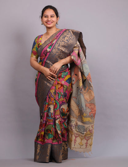 Pink Hand Drawn Pen Kalamkari Uppada Silk Kuppadam Border Saree | Looms & Tassels