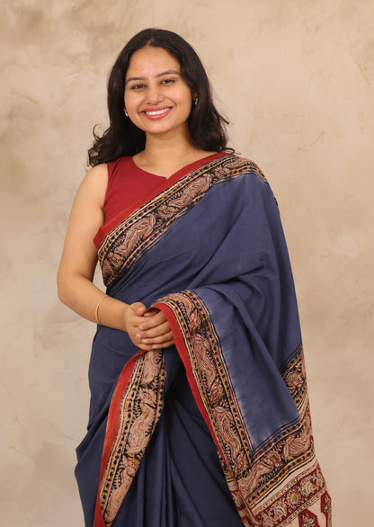 Blue Hand Block Printed Kalamkari Cotton Saree | Looms & Tassels