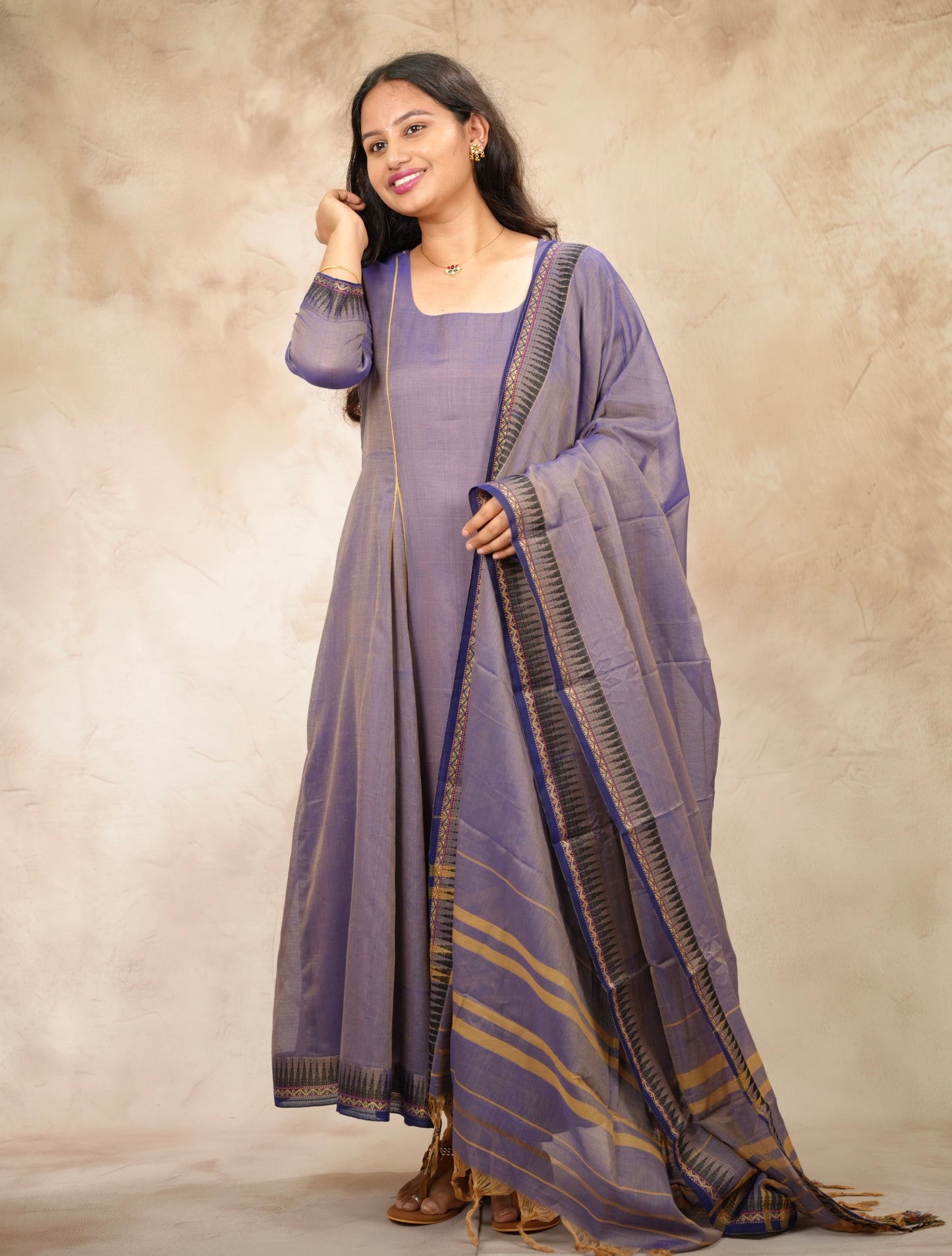 Lavender Narayanpet Cotton Anarkali Dress with Narayanpet Dupatta | Looms & Tassels