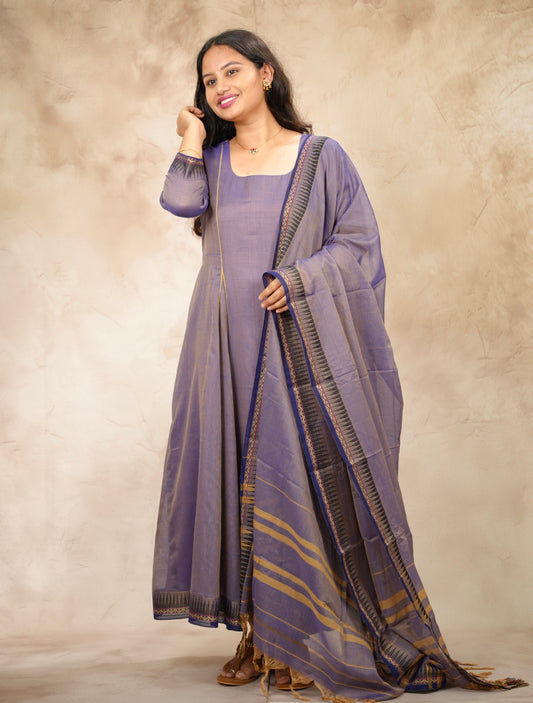 Lavender Narayanpet Cotton Anarkali Dress with Narayanpet Dupatta | Looms & Tassels