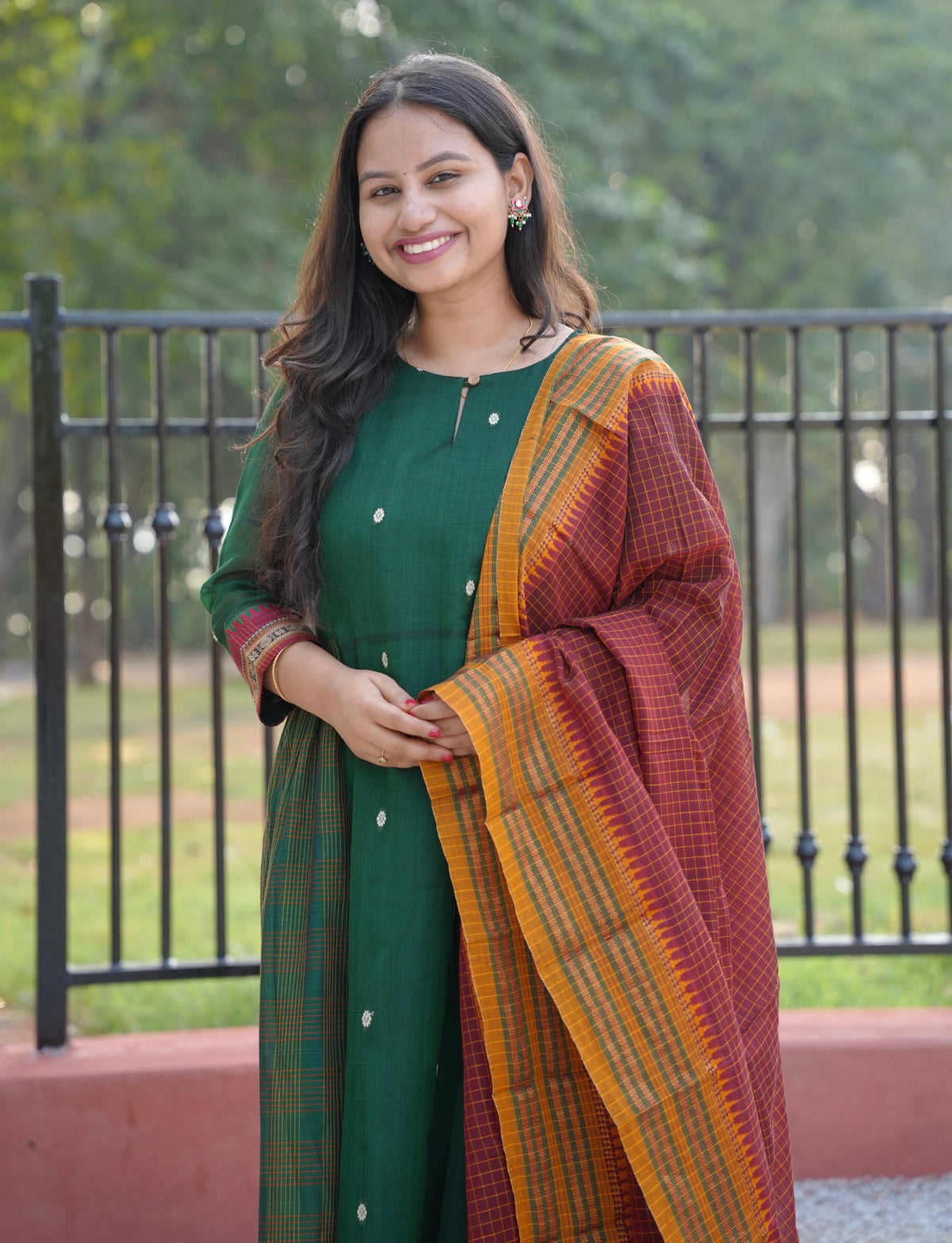 Green Narayanpet Cotton Anarkali Dress with Narayanpet Dupatta | Looms & Tassels