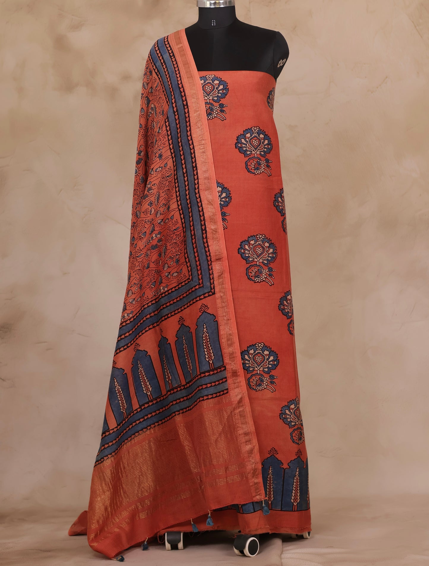 Maheswari Silk Cotton Ajrakh Handblock Printed 2 Piece Suit Set | Looms & Tassels