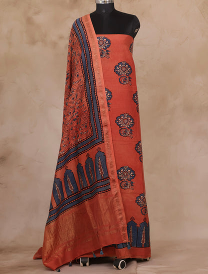 Maheswari Silk Cotton Ajrakh Handblock Printed 2 Piece Suit Set | Looms & Tassels