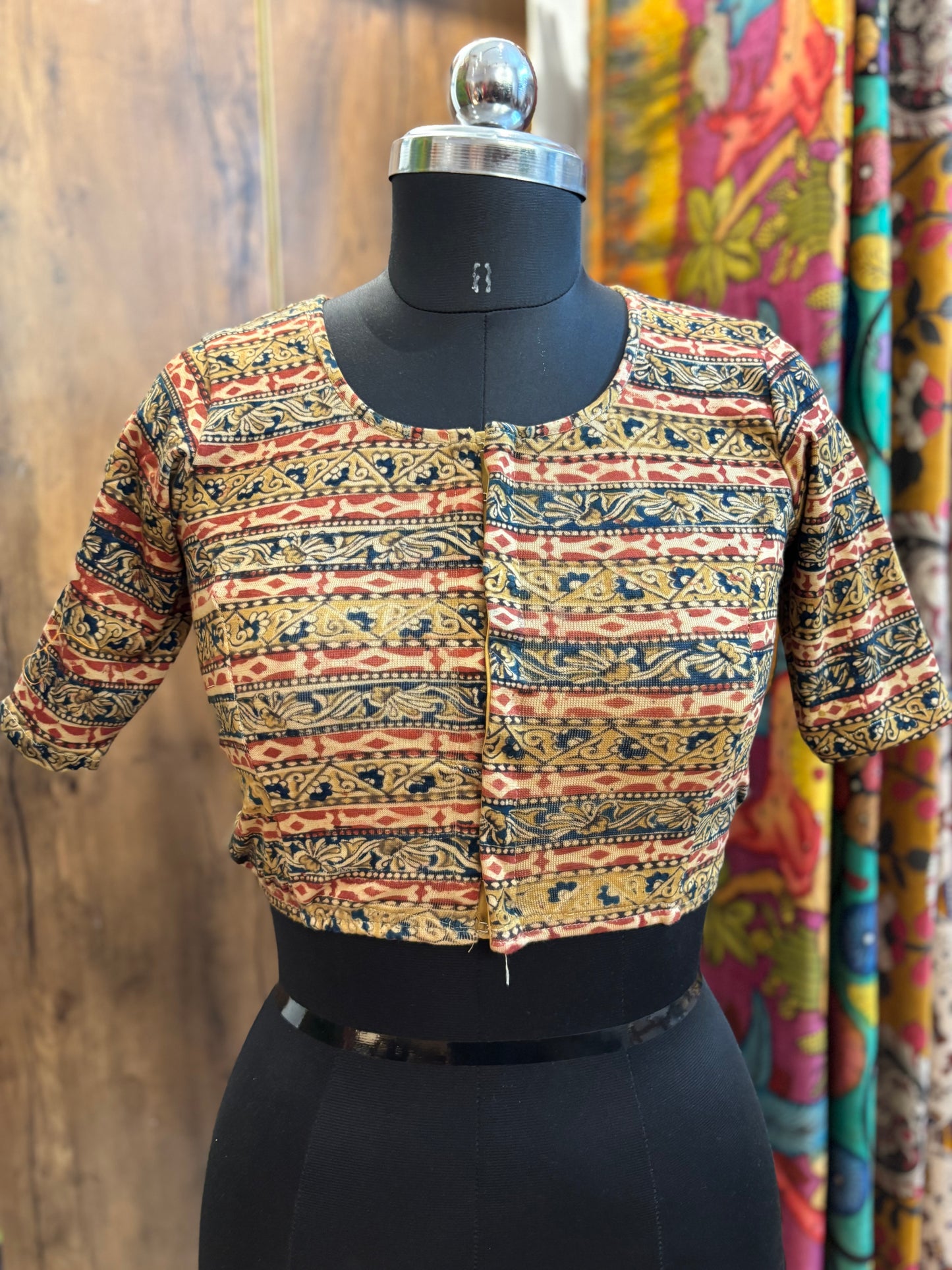 Green Round neck Stretchable Hand block printed kalamkari blouse with front hooks