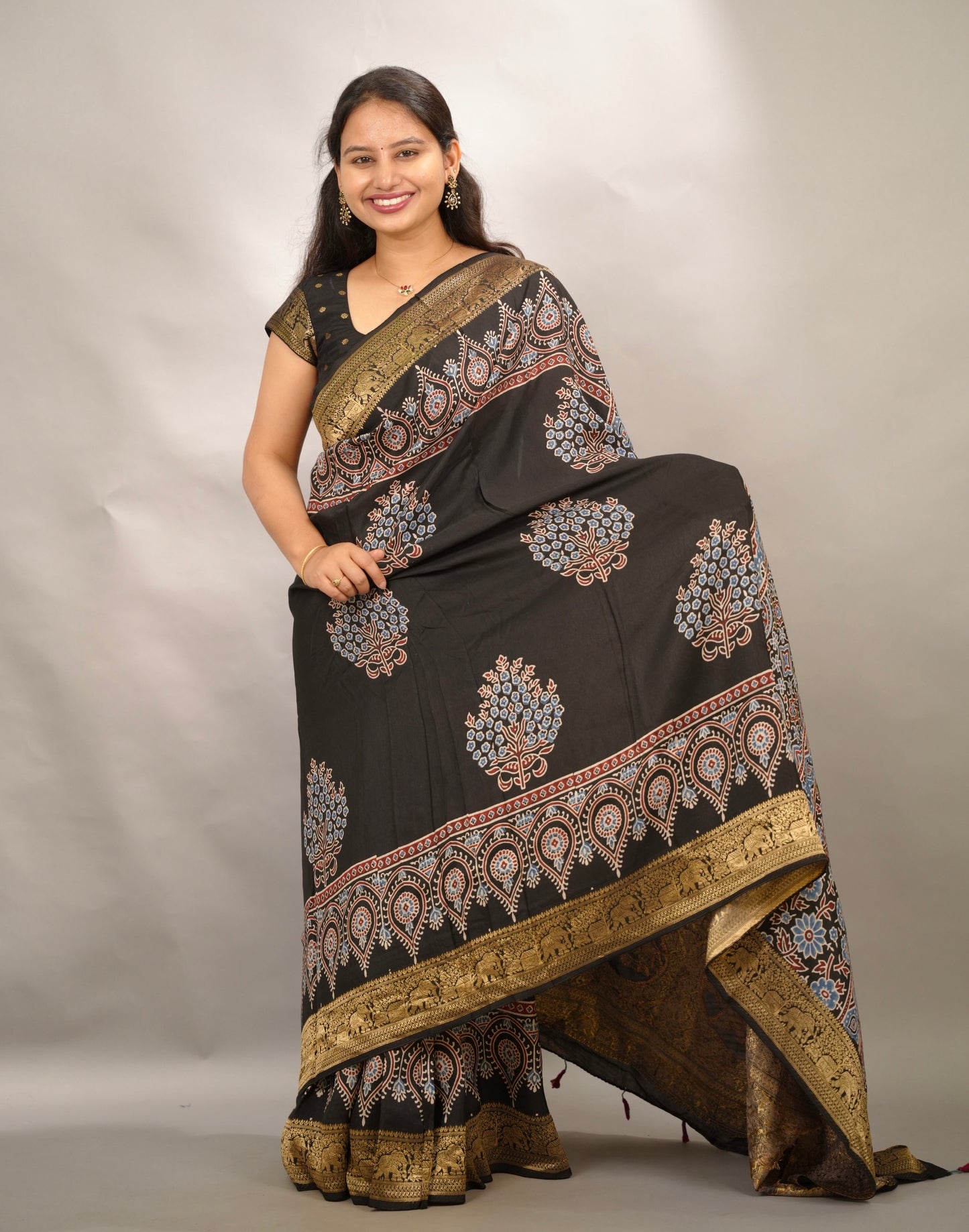 Black Ajrakh Handblock printed Dola Silk Saree | Looms & Tassels