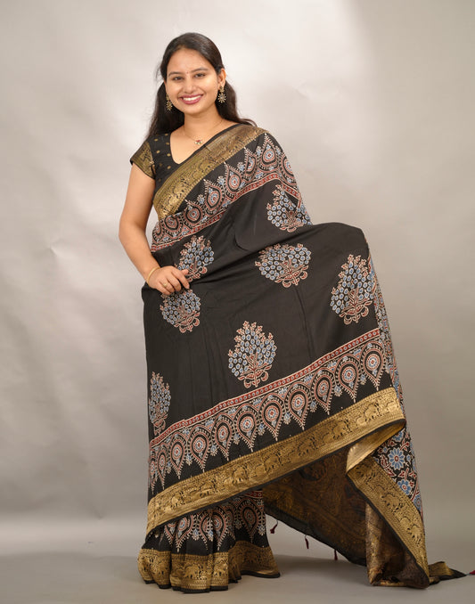Black Ajrakh Handblock printed Dola Silk Saree | Looms & Tassels