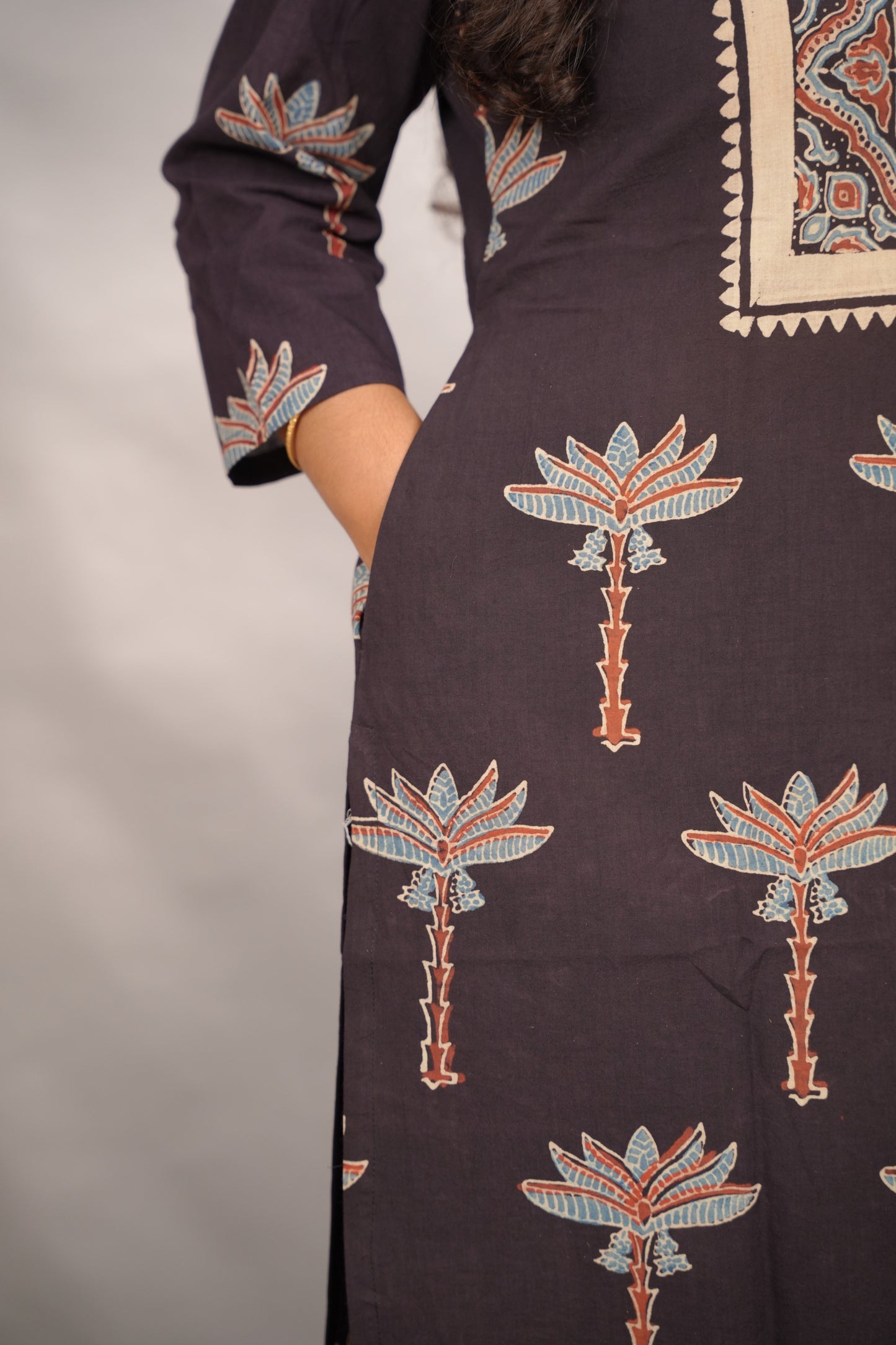 Black Ajrakh Pattern Hand Block printed Kurti | Looms & Tassels