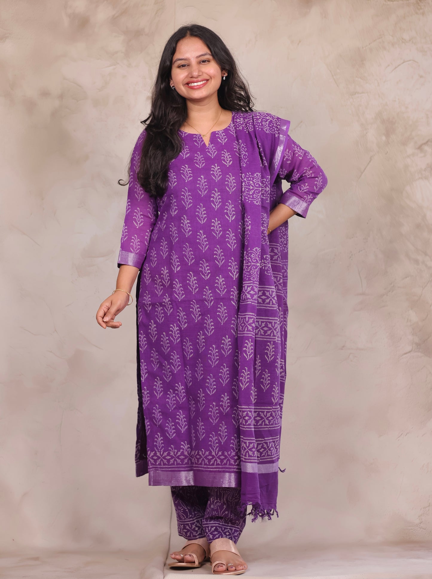 Purple Linen Cotton Handblock printed 3 piece suit (stitched)