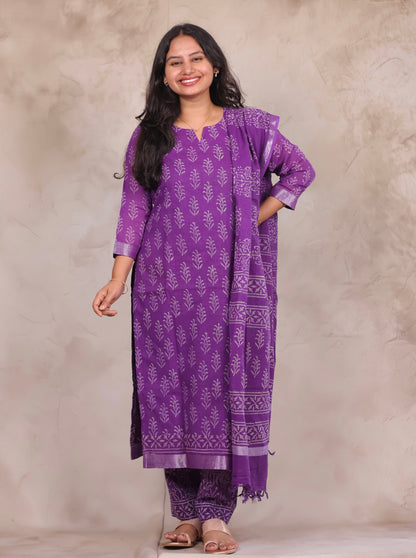 Purple Linen Cotton Handblock printed 3 piece suit (stitched)
