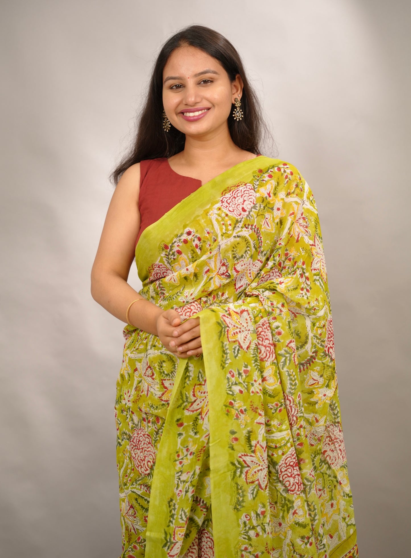 Parrot Green Georgette Hand Block Printed Saree| Looms & Tassels