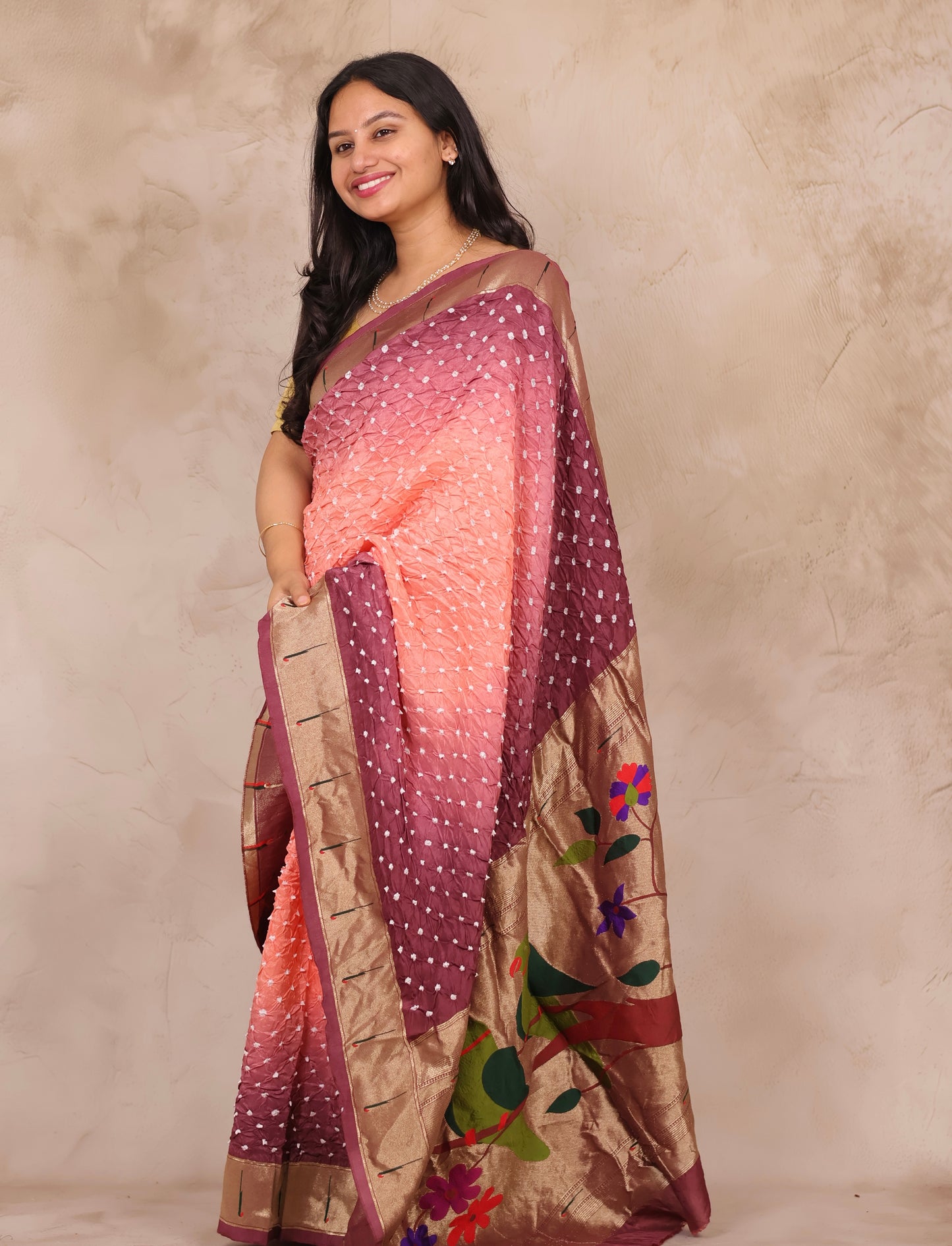 Peach & Wine Handcrafted Bandhani Paithani Dola Silk Saree | Looms & Tassels