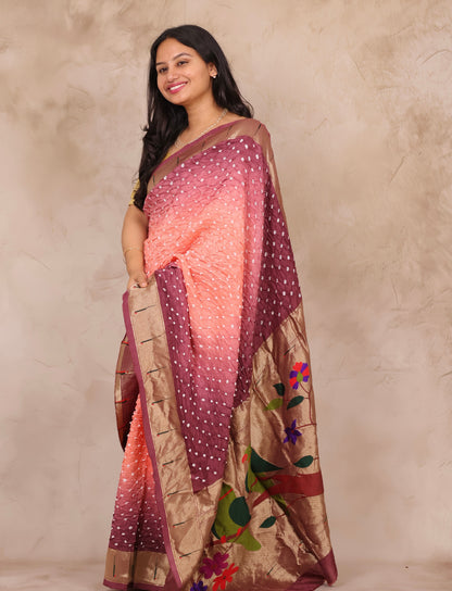 Peach & Wine Handcrafted Bandhani Paithani Dola Silk Saree | Looms & Tassels