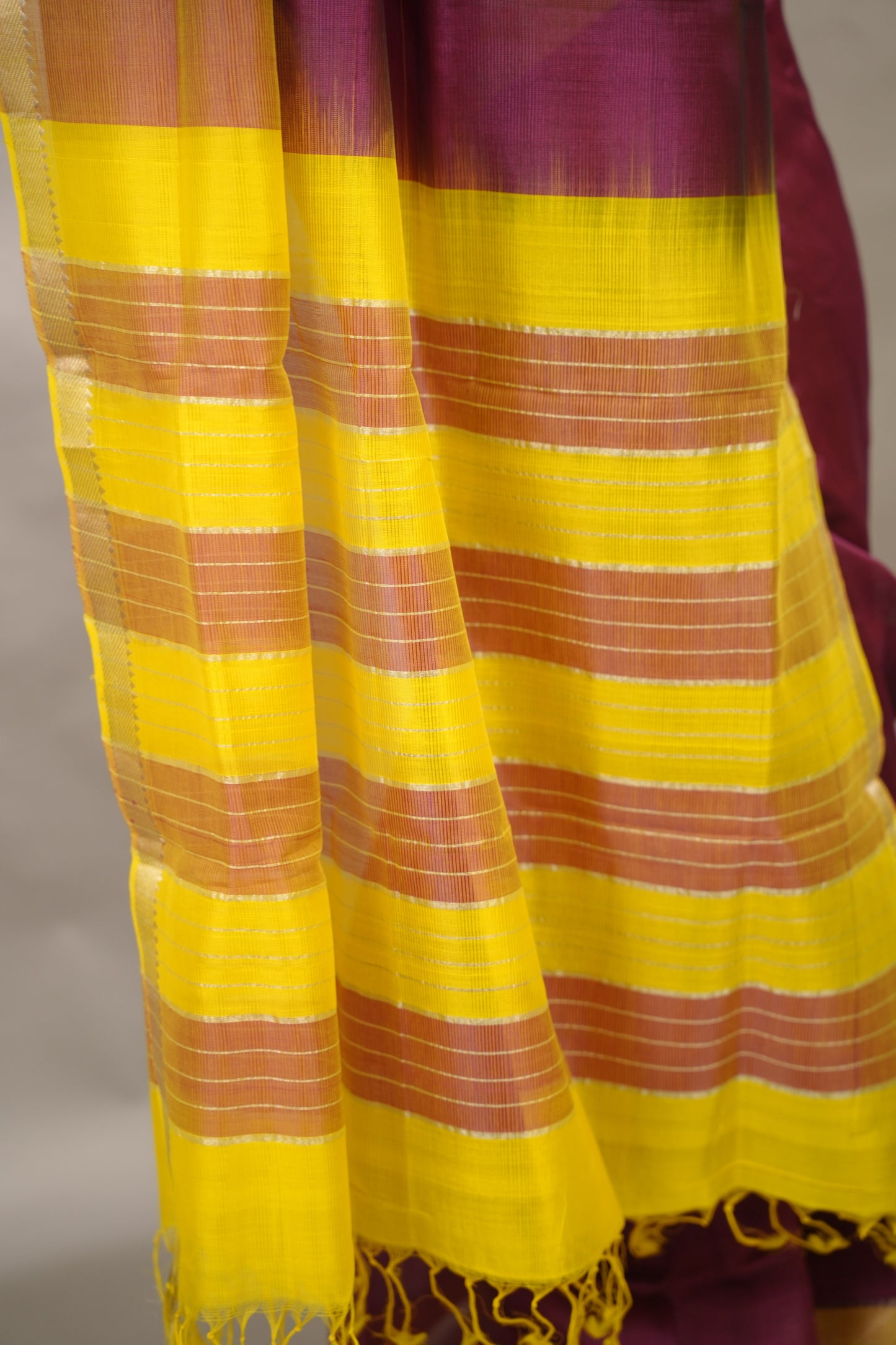 Wine & Yellow Handloom Mangalagiri Silk Saree| Looms & Tassels