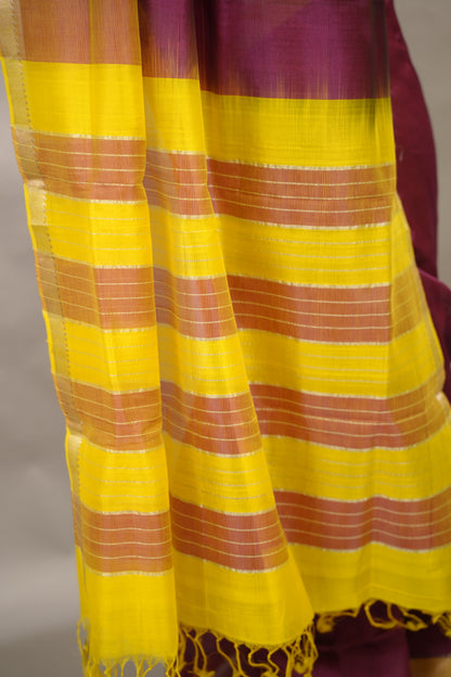 Wine & Yellow Handloom Mangalagiri Silk Saree| Looms & Tassels